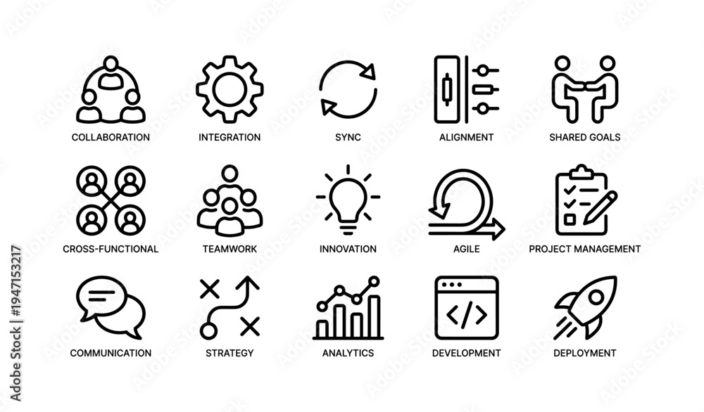 Fototapeta premium Modern business icons set showcasing collaboration and innovation in project management