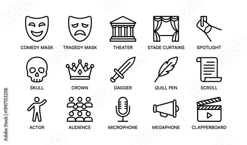 Theater symbols and icons featuring comedy tragedy masks spotlight and stage elements