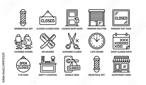 Closed shop icons: signs, chairs, scissors, clock, door, counter, calendar, neon