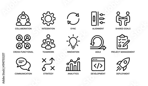 Modern business icons set showcasing collaboration and innovation in project management
