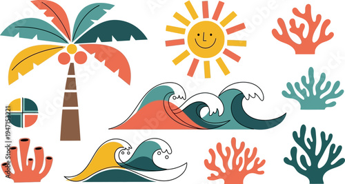 colorful illustration of beach elements including palm tree waves coral and sun