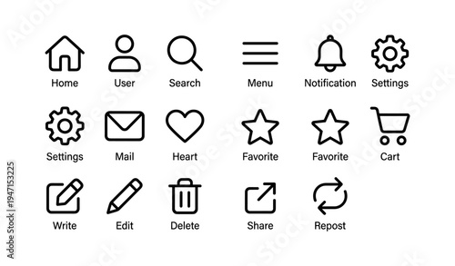 Set of simple black outline icons for interface design