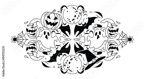 Symmetrical Halloween Mandala Design with Spooky Pumpkins Ghosts and Bats