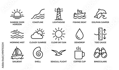 Coastal icon set with sunrise, lighthouse, boat, dolphin, and more