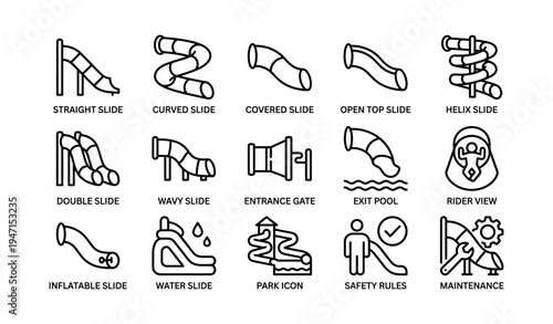 Collection of water slide icons featuring various designs and safety symbols