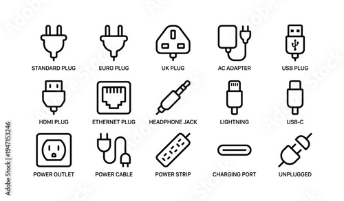 Various electrical plugs and ports icons with labels