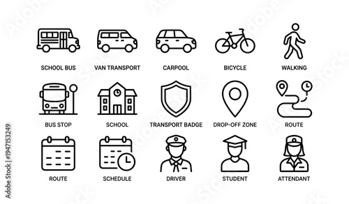 Transportation icons: bus, bicycle, walking, and school elements collection