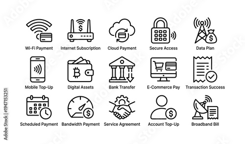 Icons representing digital transactions and services including online payments and cloud storage