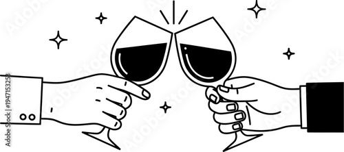 Hands holding wine glasses clinking together in celebration with sparkles around