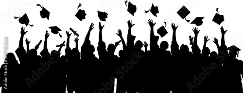 silhouette of people celebrating graduation with raised hands and tossed mortarboards