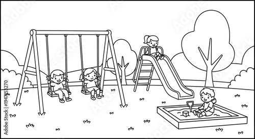 Happy Children Playing Together at Outdoor Park Playground Line Art Illustration
