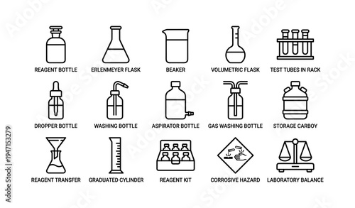 Laboratory glassware and equipment icons for scientific research