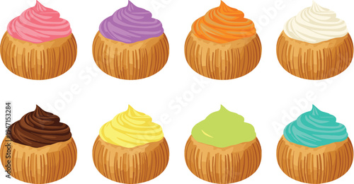 Colorful Cupcakes with Various Frosting Flavors for Bakery, Dessert, and Sweet Treat Illustrations