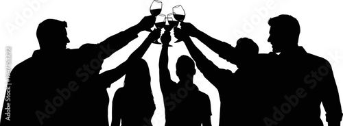 silhouette of four people clinking wine glasses together in celebration