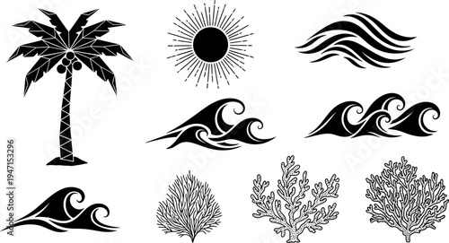 Collection of tropical beach icons including palm tree sun waves and coral reef