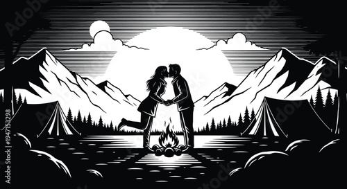 Romantic Campfire Kissing Under Moonlight in Mountain Landscape Scene