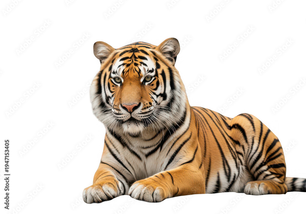 Fototapeta premium A tiger lying down looking forward isolated on transparent background