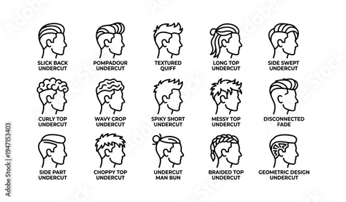 Variety of male hairstyles: undercut, pompadour, quiff, and more