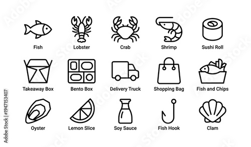 Seafood icons collection: fish, lobster, crab, shrimp, sushi, & more