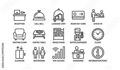 Hotel icon set featuring reception, check-in, and amenities symbols