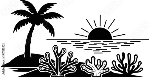Black and white tropical island scene with palm tree and coral reef at sunset