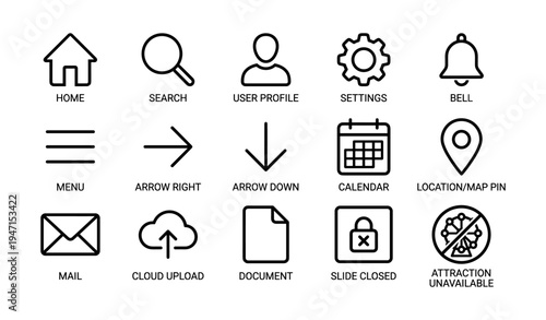 Set of 16 minimalist line icons for apps and interfaces