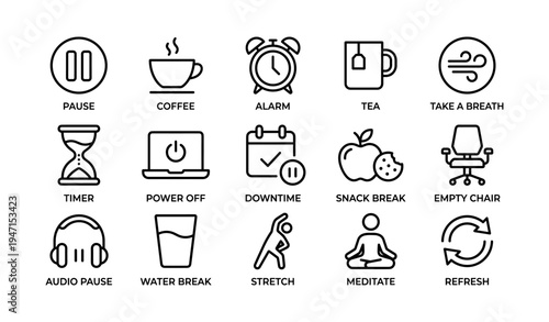 Set of office break icons: pause, coffee, alarm, meditation, stretch, hydration