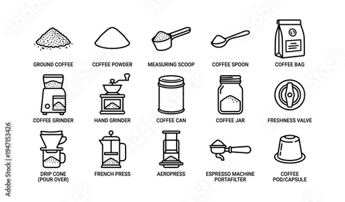 Coffee brewing essentials: grinder, french press, espresso machine, aeropress, scoop, drip cone