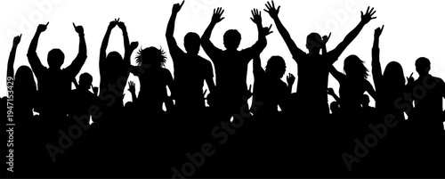 silhouette of a crowd of people with their hands raised in the air on white background