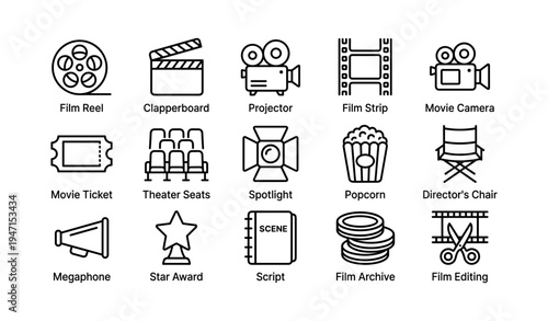 Film equipment icons collection featuring clapperboard, projector, and spotlight