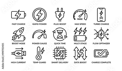 Electric icons: fast charge, power boost, speed, and efficiency symbols