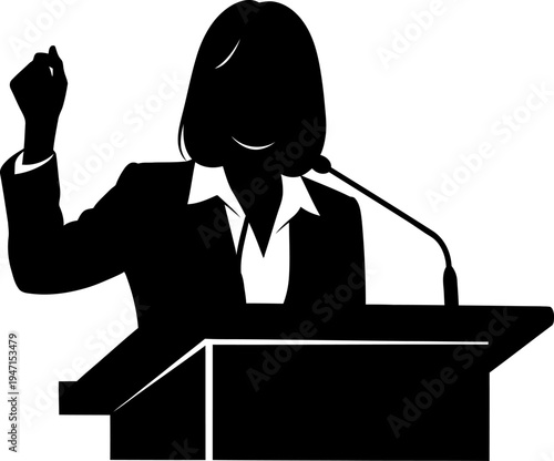 silhouette of woman speaking at podium with microphone  public speaking  confident female speaker