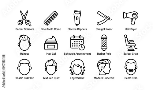 Barber shop tools and hairstyles icons: scissors, comb, clippers, razor, dryer
