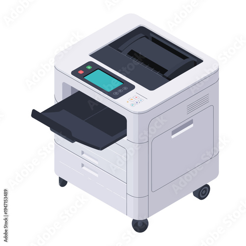 Modern Isometric Laser Printer with Clean White and Black Design in Vector Illustration for Office Technology.