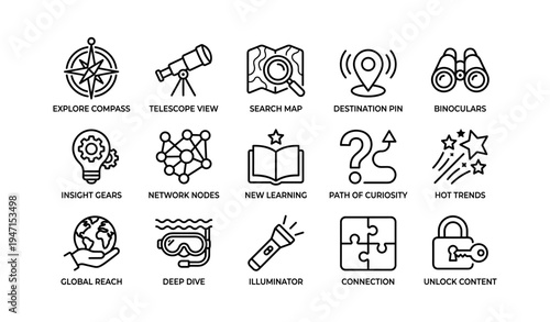 Collection of adventure and knowledge icons with telescope, compass, and puzzle piece