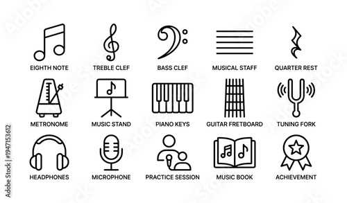 Music symbols and equipment icons including notes, instruments, and accessories