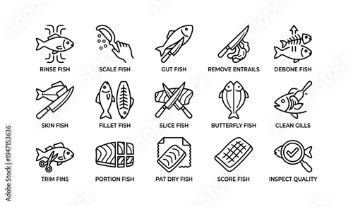 Step-by-step fish preparation icons: rinse, scale, gut, debone, fillet, quality check