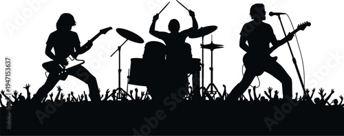 silhouette of rock band performing on stage with crowd  musicians playing guitar and drums