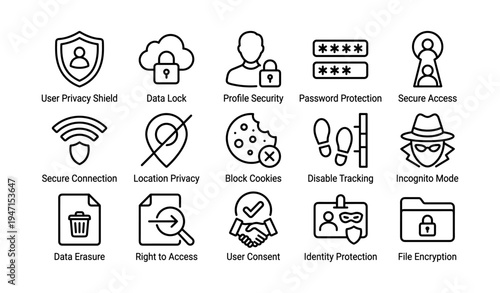 Cybersecurity icons depicting privacy, security, and data protection concepts