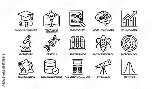 Icons representing academic research and scientific analysis tools