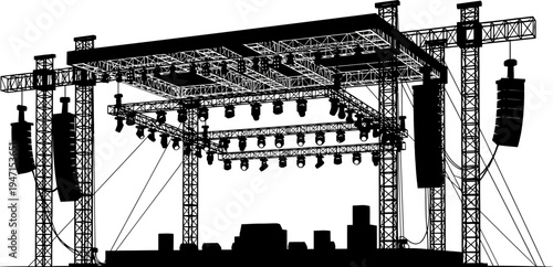 concert stage with speakers and lights on metal trussing isolated on transparent background