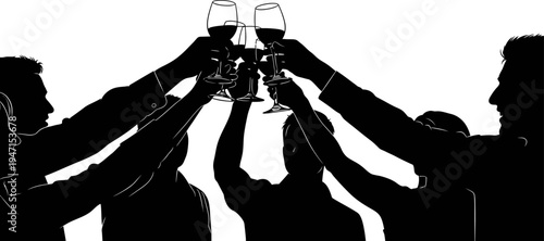 silhouette of people clinking wine glasses together in celebration  friends making toast