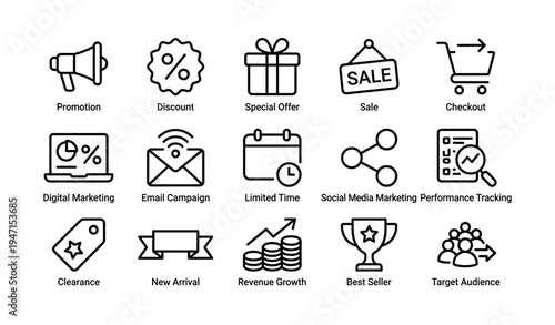 Marketing and sales icons set featuring promotion and digital strategy elements