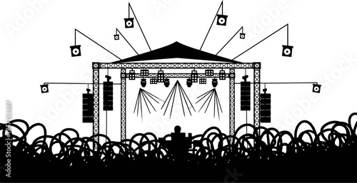 concert stage with lights and crowd silhouette at music festival event performance