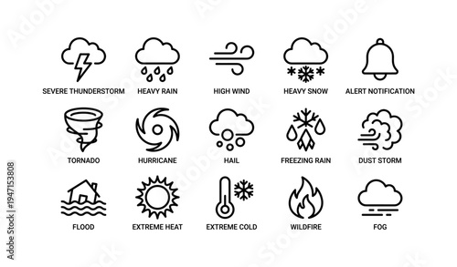 Weather icons illustrating severe thunderstorm, heavy rain, high wind, snow, alerts, and more
