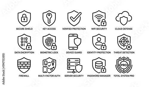 Cybersecurity icons set with shields, keys, and devices for data protection and privacy