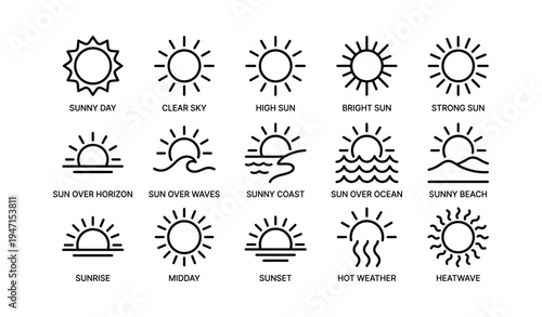Sun icons collection: morning, noon, evening, horizon, ocean, beach, hot weather