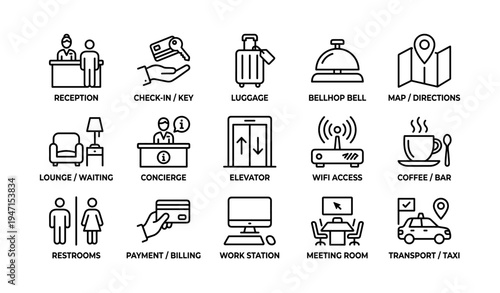 Hotel icons illustrating amenities and services in black and white line art