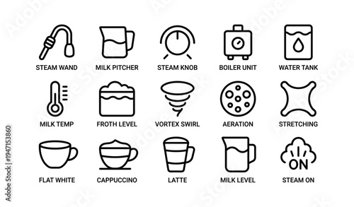 Coffee machine icons featuring brewing tools and beverage options