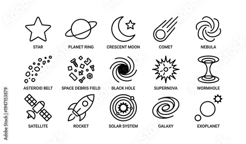 Space icons set: celestial symbols of stars, planets, and cosmic phenomena